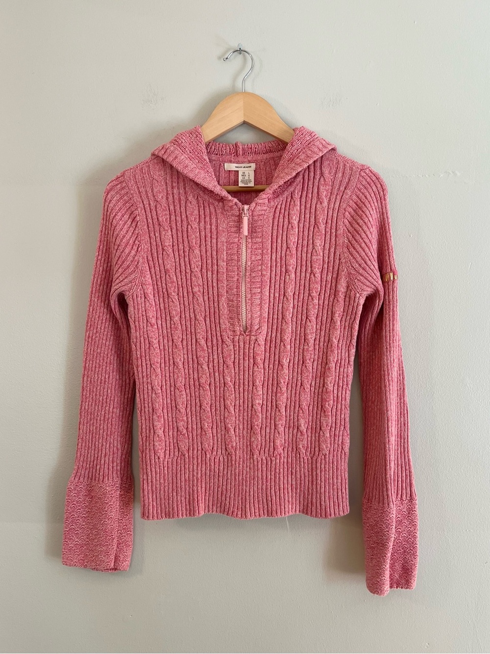 Y2K DKNY Pink Cable-Knit Half-Zip Hoodie Sweater Preppy Soft Girly Cozy 2000’s